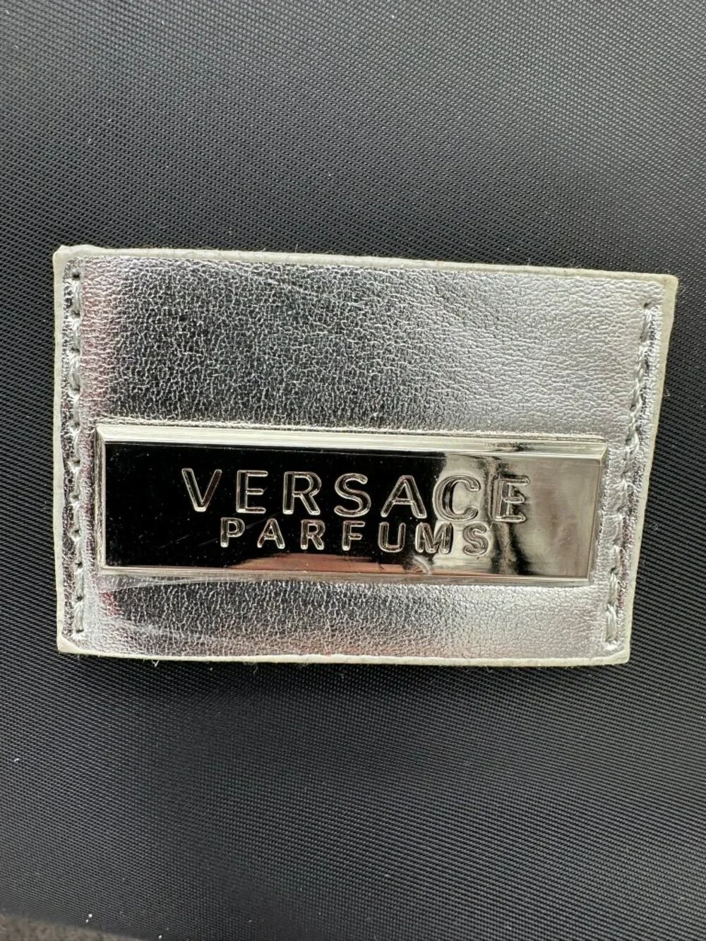 Versace Parfums Nylon Canvas Fashion Tote Bag Detachable Strap Black/Silver Tone